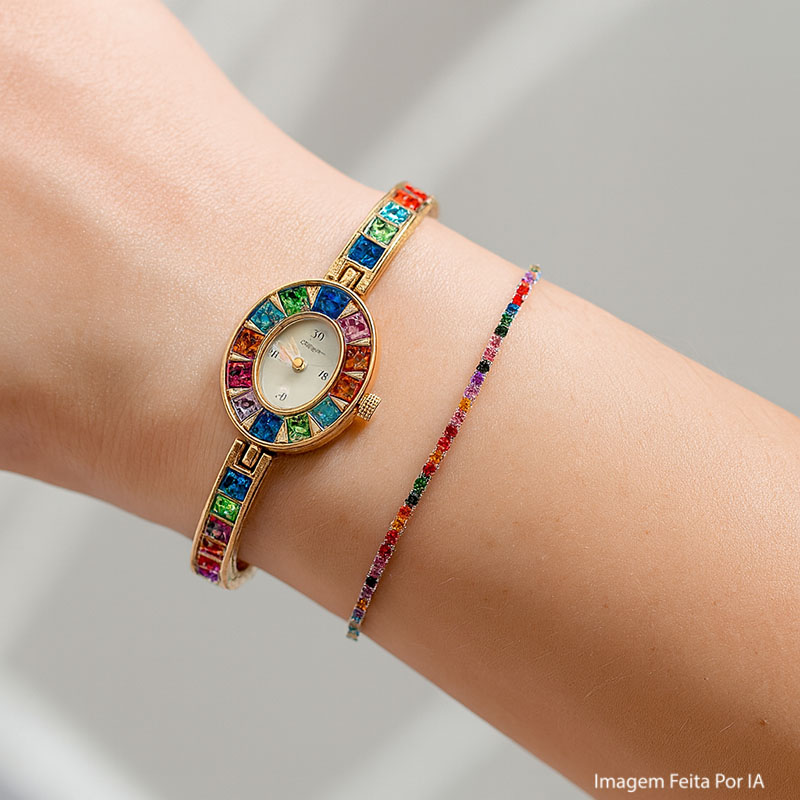 Conjunto pulseira riviera e relogio - banho ouro 18k